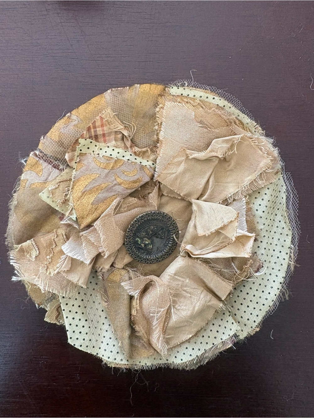 Neutral Beige Fabric Flower Brooch with Antique-Style Center